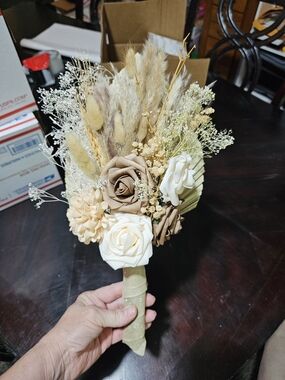 Boho Neutral Faux Floral Bridesmaid Bouquet 4  in Cream and Tan